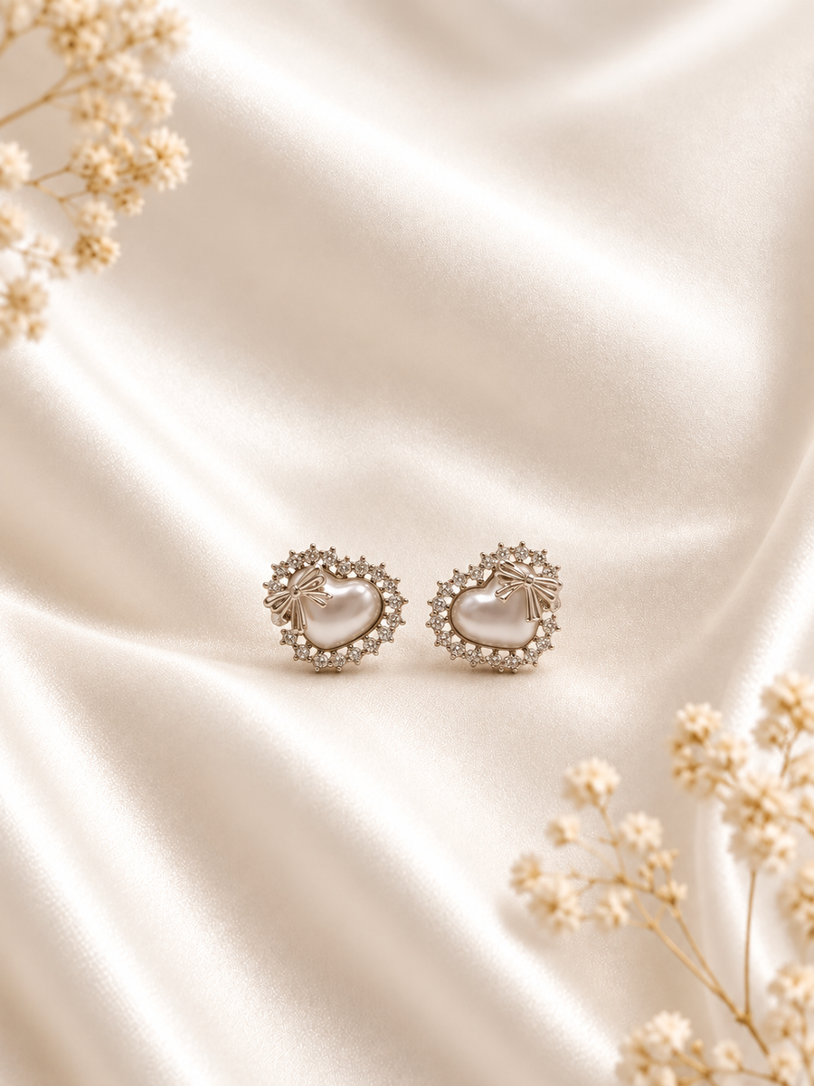 Pearl Heart Bow Stud Earrings ✨
