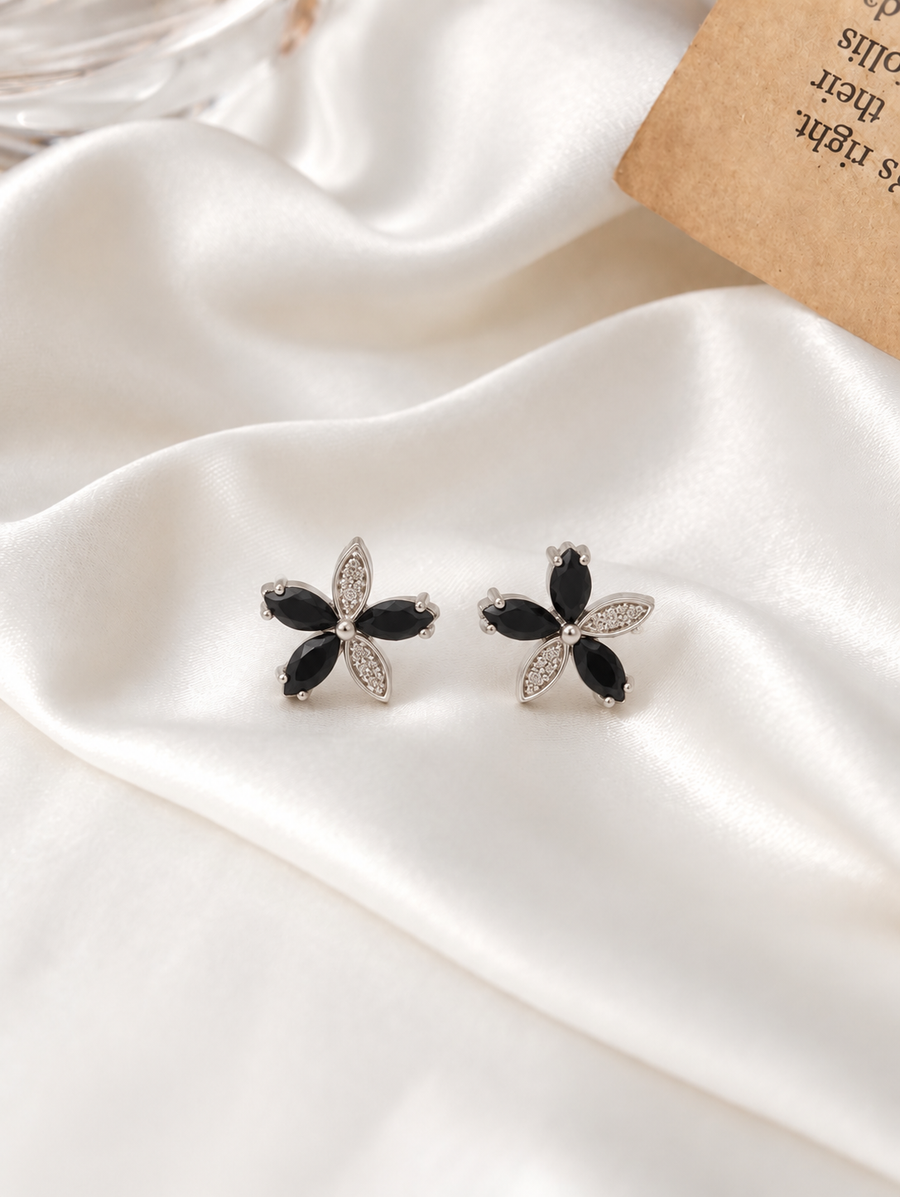 Black Floral Stud Earrings ✨