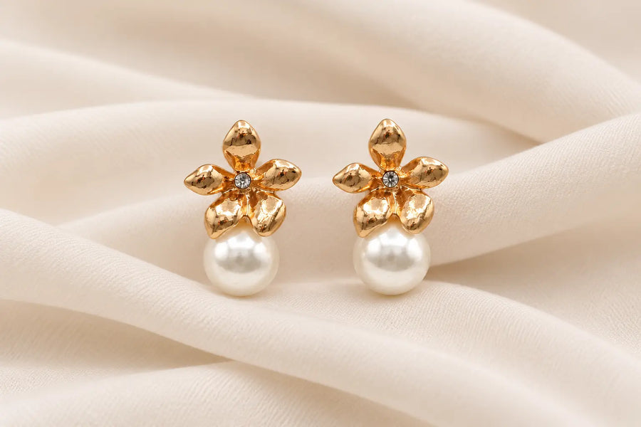 Elegant Gold Flower Pearl Earrings ✨ Nuvira
