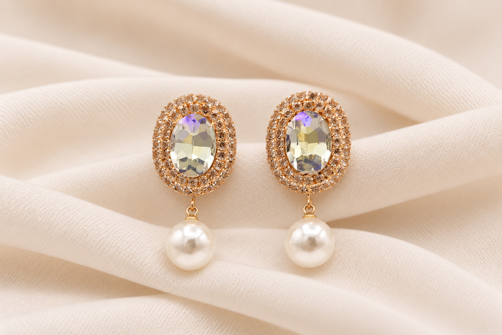 Elegant Oval Crystal & Pearl Drop Earrings ✨