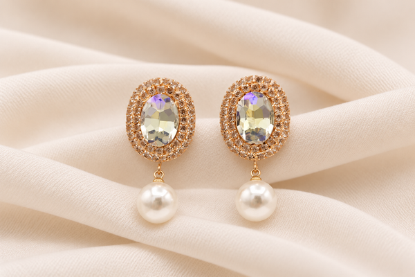 Elegant Oval Crystal & Pearl Drop Earrings ✨