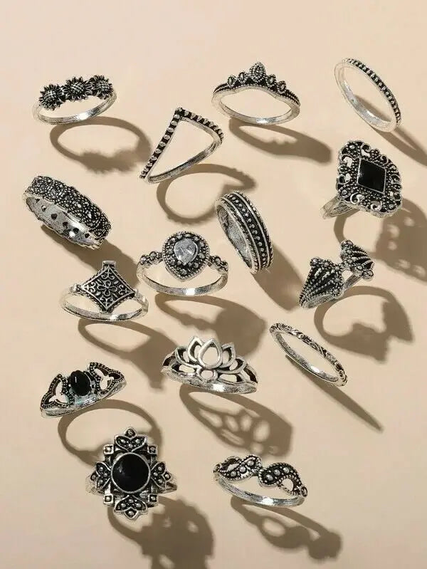 Vintage Oxidized Silver Ring Set – 15 Unique Designs Nuvira